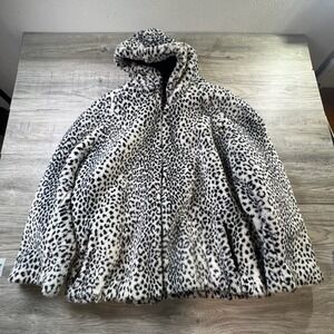 Komitor Faux Fur Jacket Womens 26/28 White Black Leopard Print Hooded Zip Coat
